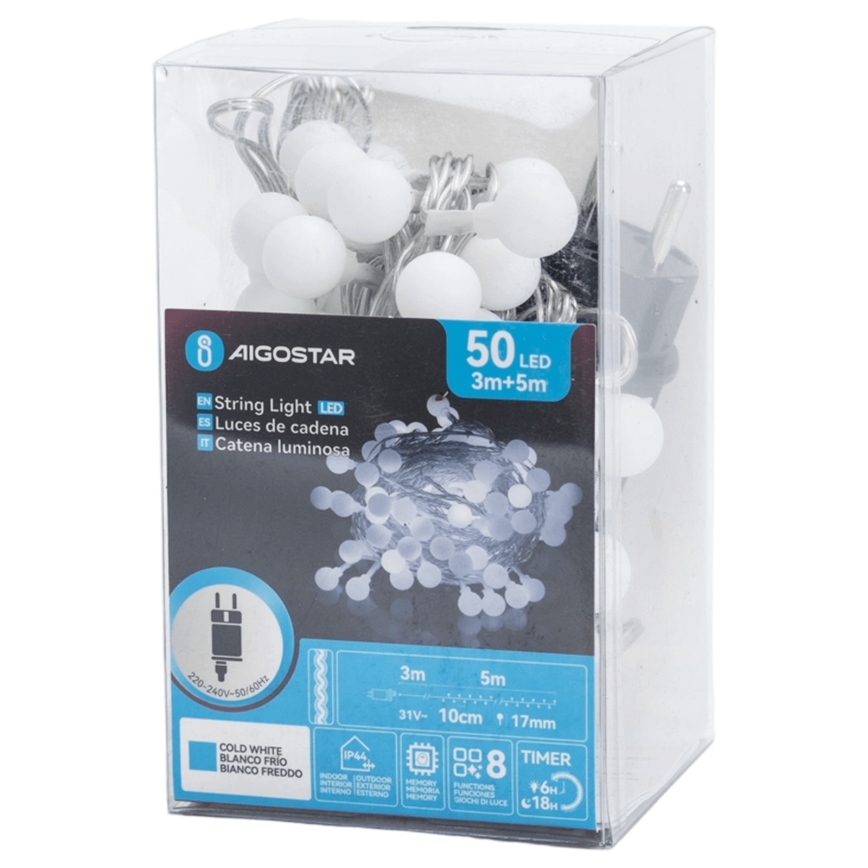 Aigostar - LED udendørs dekorativ lyskæde 50xLED/8 funktioner 5 m IP44 kølig hvid