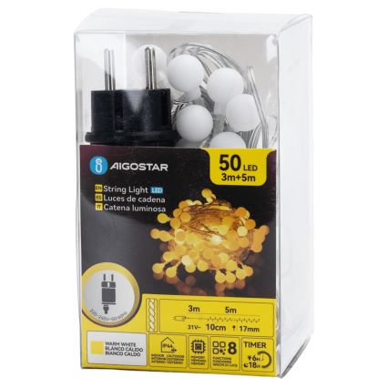 Aigostar - LED udendørs dekorationskæde 50×LED/8 funktioner 5 m IP44 varm hvid