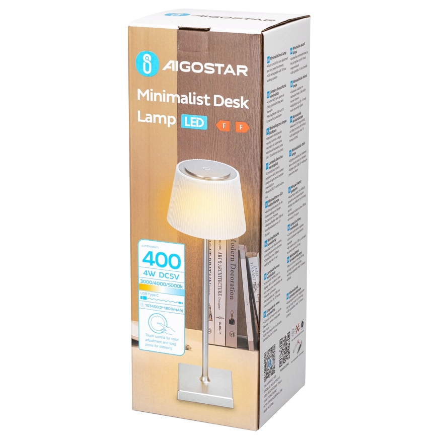 Aigostar - LED Udendørs bordlampe dæmpbar og genopladelig LED/4W/5V 3600mAh hvid/mat krom IP54
