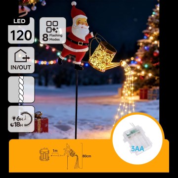 Aigostar - LED udendørs juledekoration 120xLED/3xAA/8 funktioner 80 cm IP44 Santa/varm hvid