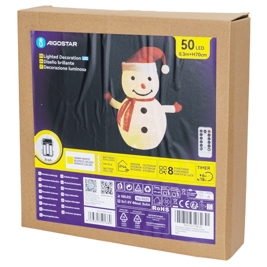 Aigostar - LED juledekoration til udendørs brug 50xLED/3xAA 0,7m IP44 snemand + fjernbetjening