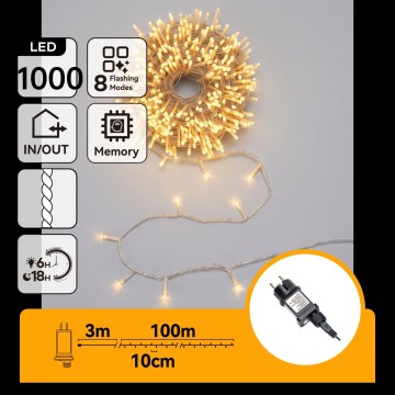Aigostar - LED udendørs julekæde 1000xLED/8 funktioner 103m IP44 varm hvid