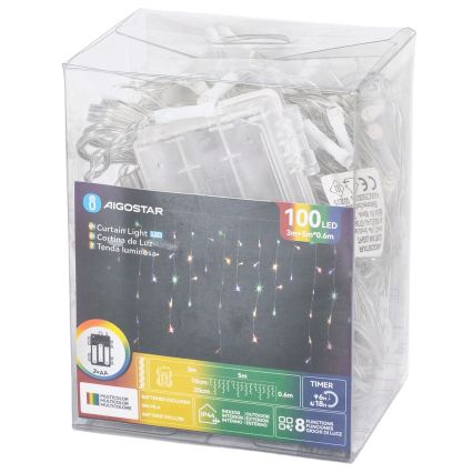 Aigostar - LED udendørs julelyskæde 100xLED/8 funktioner 3xAA 8x06m IP44 multifarvet