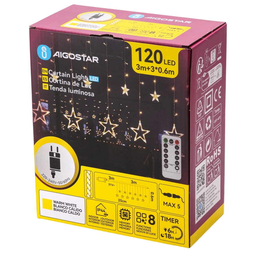 Aigostar - LED udendørs lyskæde 120xLED/8 funktioner 3x0,6 m IP44 varm hvid + fjernbetjening
