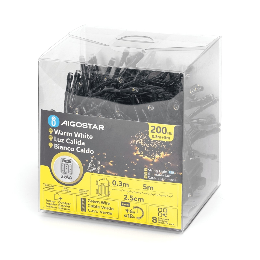 Aigostar - LED Udendørs julekæde 200xLED/8 funktioner 3xAA 5,3m IP44 varm hvid