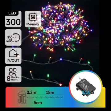 Aigostar -LED Udendørs julekæde 300xLED/8 funktioner 3xAA 15,3m IP44 multifarvet
