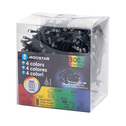 Aigostar -LED Udendørs julekæde 300xLED/8 funktioner 3xAA 15,3m IP44 multifarvet