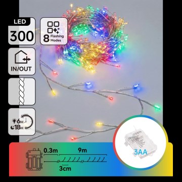 Aigostar - LED udendørs julekæde 300xLED/8 funktioner 3xAA 9,3 m IP44 flerfarvet