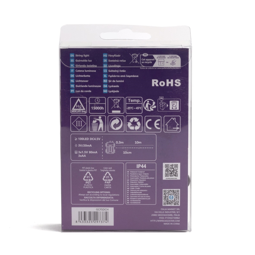 Aigostar-LED Udendørs julelyskæde 100xLED/8 funktioner 3xAA 10,3m IP44 multicolor