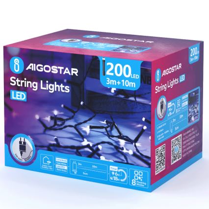 Aigostar - LED Udendørs julelyskæde 200xLED/8 funktioner 13m IP44 kold hvid