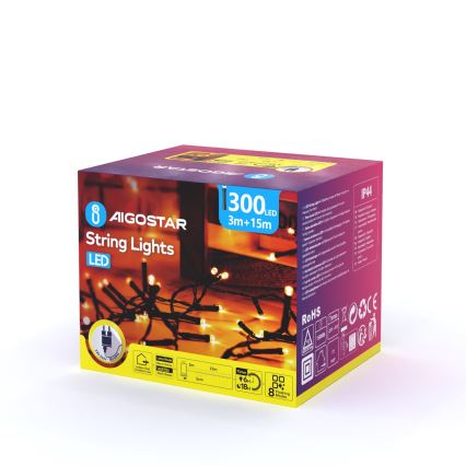 Aigostar - LED Udendørs julelys kæde 300xLED/8 funktioner 18m IP44 varm hvid