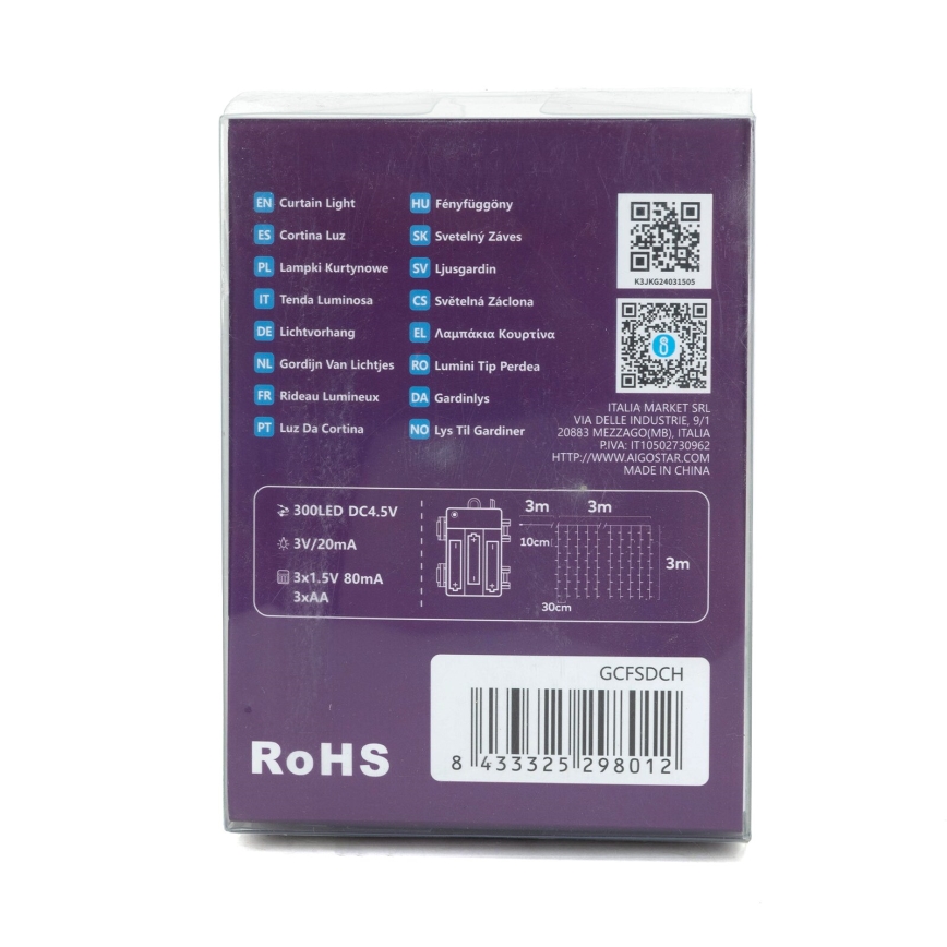 Aigostar-LED Udendørs julelyskæde 300xLED/8 funktioner 3xAA 6x2m IP44 kold hvid