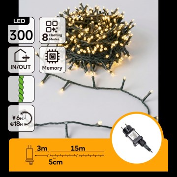 Aigostar - LED Udendørs julelys kæde 300xLED/8 funktioner 18m IP44 varm hvid