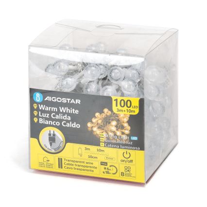 Aigostar - LED udendørs julelyskæde, 100 LED/8 funktioner, 13 m, IP44, varm hvid