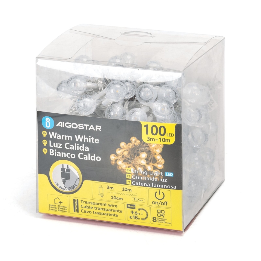 Aigostar - LED udendørs julelyskæde, 100 LED/8 funktioner, 13 m, IP44, varm hvid