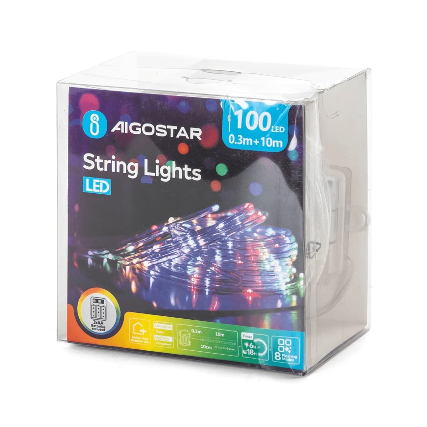 Aigostar - LED udendørs julelyskæde 100xLED/8 funktioner 3xAA 10,3m IP44 multifarvet