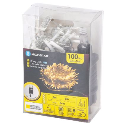 Aigostar - LED udendørs julelyskæde 100 LED/8 funktioner 5,3 m IP44 varm hvid