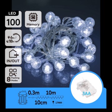 Aigostar - LED udendørs julelyskæde 100xLED/3xAA/8 funktioner 10,3 m IP44 kold hvid