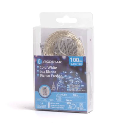 Aigostar - LED Udendørs julelyskæde 100xLED/8 funktioner/3xAA 10,3m IP44 kold hvid