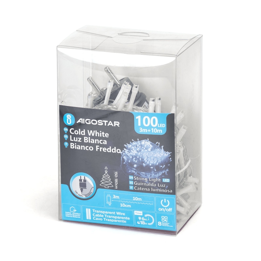 Aigostar - LED udendørs julelyskæde 100xLED/8 funktioner 13m IP44 kølig hvid