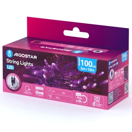 Aigostar - LED Udendørs julelyskæde 100xLED/8 funktioner 13m IP44 pink