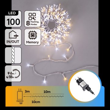Aigostar - LED udendørs julelyskæde 100xLED/8 funktioner 13m IP44 varm hvid/kold hvid
