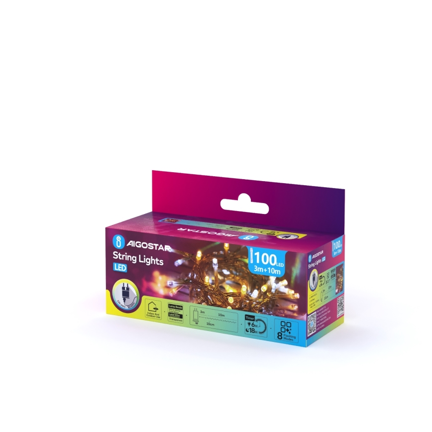 Aigostar - LED udendørs julelyskæde 100xLED/8 funktioner 13m IP44 varm hvid/kold hvid