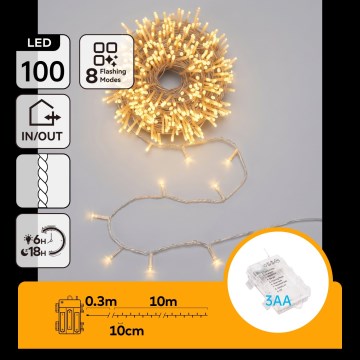 Aigostar - LED udendørs julelyskæde 100xLED/8 funktioner 3xAA 10,3 m IP44 varm hvid