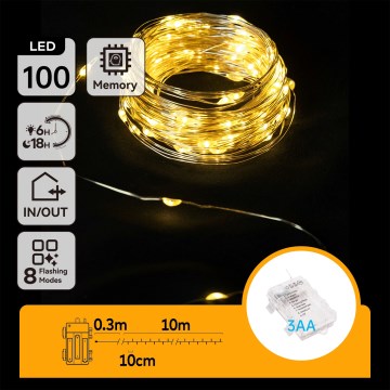 Aigostar -LED Udendørs julelyskæde 100xLED/8 funktioner 3xAA 10,3m IP44 varm hvid