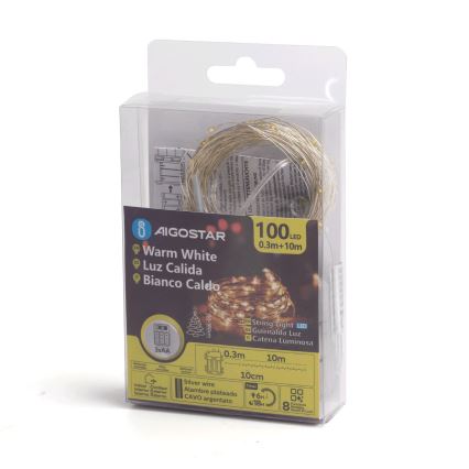 Aigostar -LED Udendørs julelyskæde 100xLED/8 funktioner 3xAA 10,3m IP44 varm hvid
