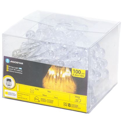 Aigostar - LED udendørs julelyskæde 100xLED/8 funktioner 3xAA 10 m IP44 varm hvid dråber