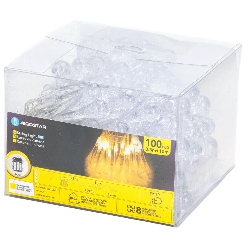 Aigostar - LED udendørs julelyskæde 100xLED/8 funktioner 3xAA 10 m IP44 varm hvid dråber
