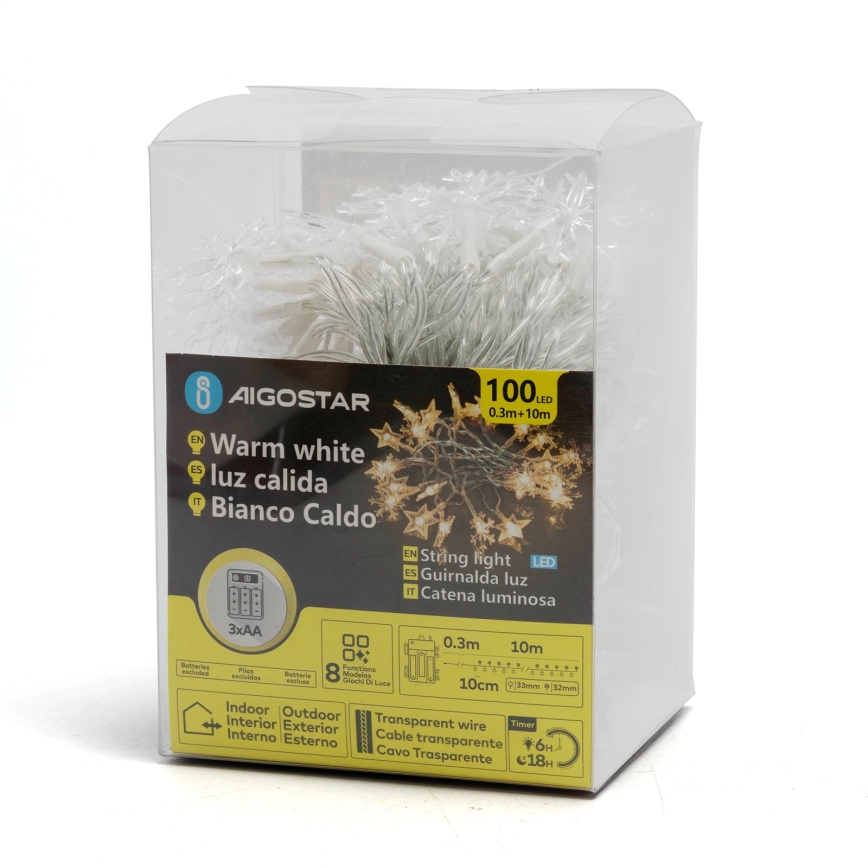 Aigostar - LED udendørs juleslynge 100xLED/8 funktioner 3xAA 10m IP44 varm hvid stjerner