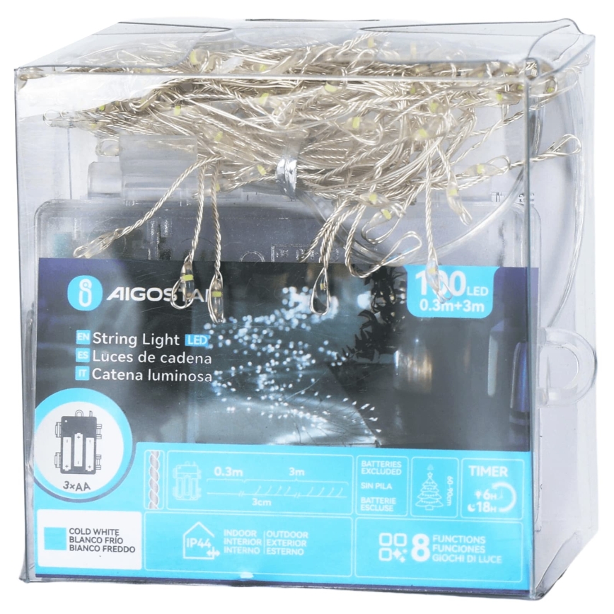 Aigostar - LED udendørs julelyskæde 100xLED/8 funktioner 3xAA 3,3 m IP44 kold hvid