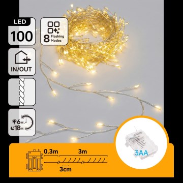 Aigostar - LED udendørs julelyskæde 100xLED/8 funktioner 3xAA 3,3m IP44 varm hvid