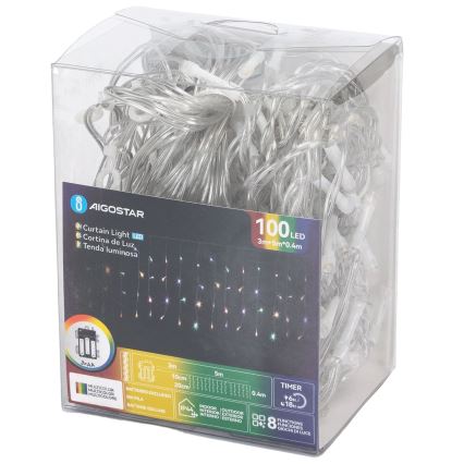 Aigostar-LED Udendørs julelyskæde 100xLED/8 funktioner 3xAA 8x0,4m IP44 multifarvet