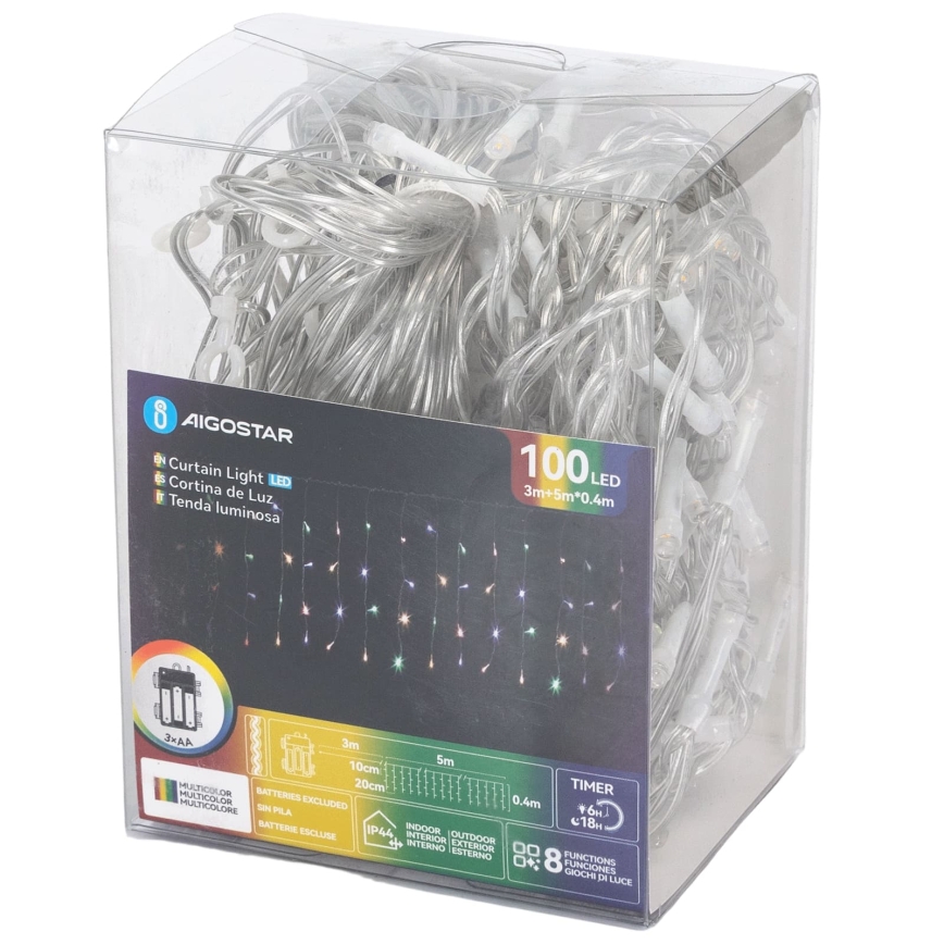 Aigostar-LED Udendørs julelyskæde 100xLED/8 funktioner 3xAA 8x0,4m IP44 multifarvet