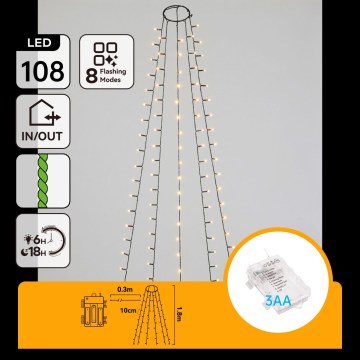 Aigostar - LED Udendørs julelyskæde 108xLED/8 funktioner 3xAA 1,8m IP44 varm hvid