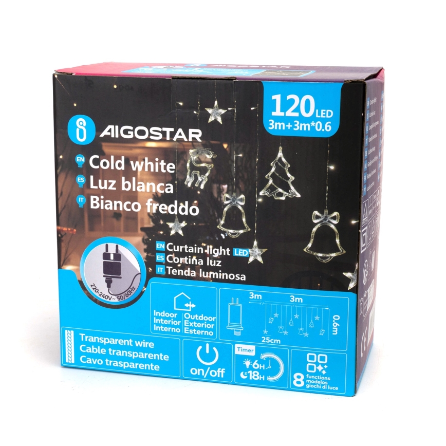 Aigostar - LED udendørs julelyskæde 120xLED/8 funktioner 3x0,6m IP44 kold hvid + fjernbetjening