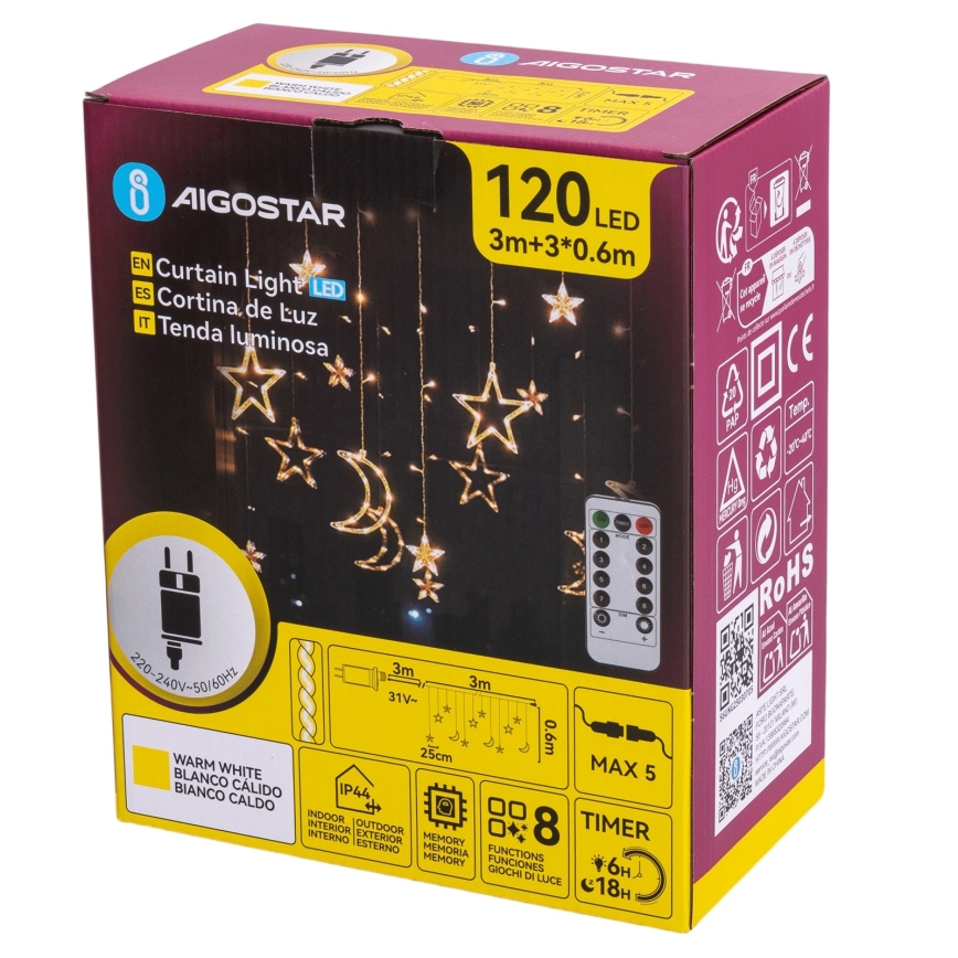 Aigostar - LED udendørs julelyskæde 120xLED/6W/230V/8 funktioner 3x0,6m IP44 varm hvid + fjernbetjening