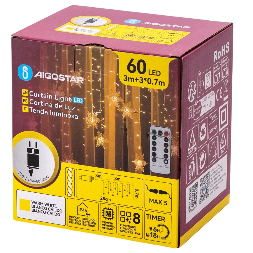 Aigostar - LED udendørs julelyskæde 120xLED/8 funktioner 3x0,7m IP44 varm hvid + fjernbetjening