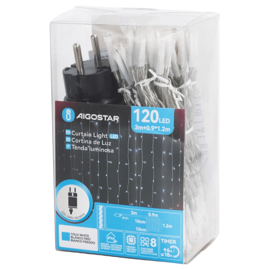 Aigostar - LED Udendørs julelyskæde 120xLED/8 funktioner 3,9x1,2m IP44 kold hvid