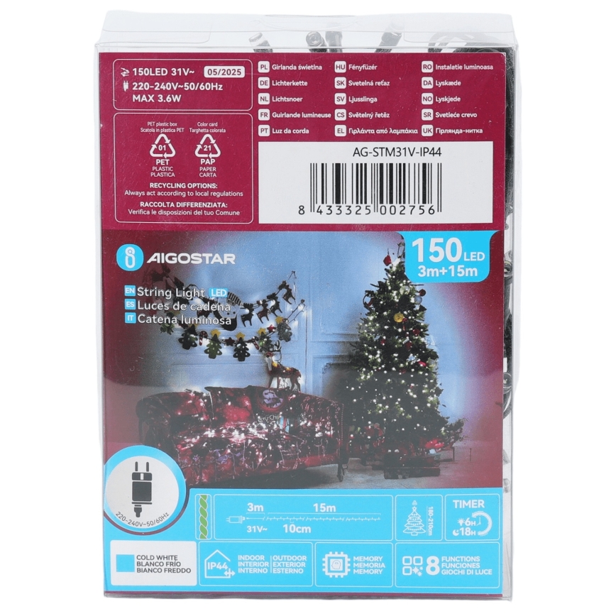 Aigostar - LED udendørs julelyskæde 150 LED/8 funktioner 18 m IP44 kold hvid