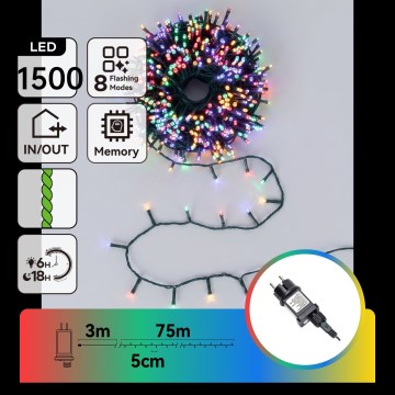Aigostar - LED udendørs julelyskæde 1500xLED/8 funktioner 78m IP44 multifarvet