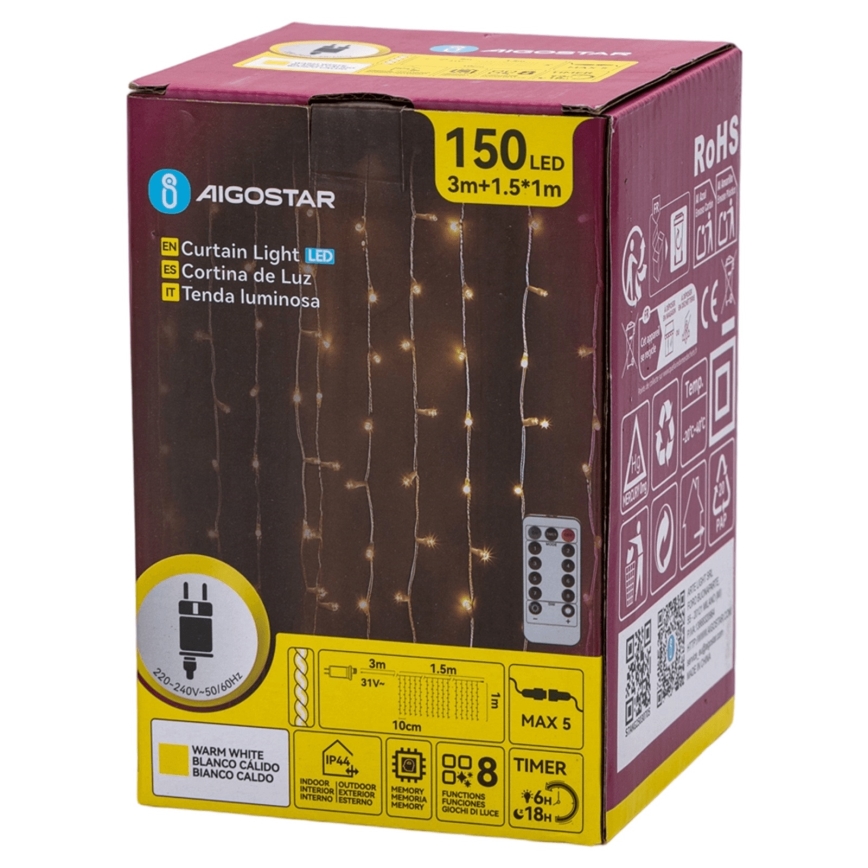 Aigostar - LED udendørs julelyskæde 150xLED/6W/230V/8 funktioner 1,5x1m IP44 varm hvid + fjernbetjening