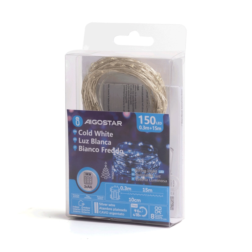 Aigostar - LED udendørs julelyskæde 150xLED/8 funktioner/3xAA 15,3m IP44 kold hvid
