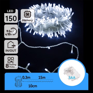 Aigostar - LED udendørs julelyskæde 150xLED/8 funktioner 15,3m IP44 kold hvid