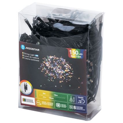 Aigostar - LED udendørs julelyskæde 150xLED/8 funktioner 18m IP44 multifarvet