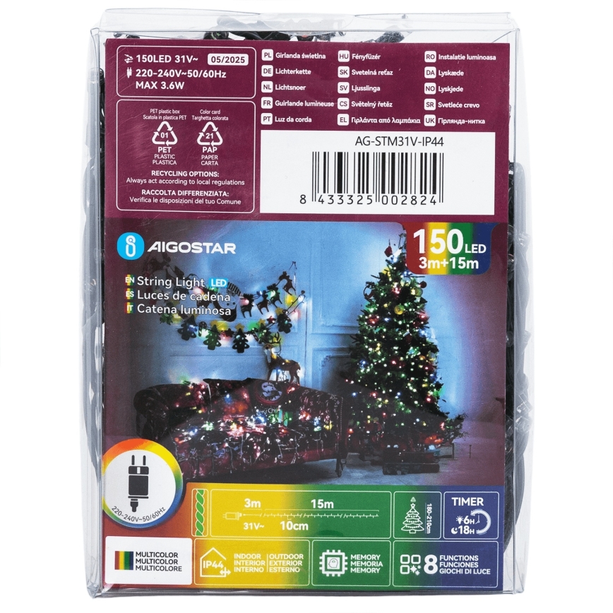 Aigostar - LED udendørs julelyskæde 150xLED/8 funktioner 18m IP44 multifarvet