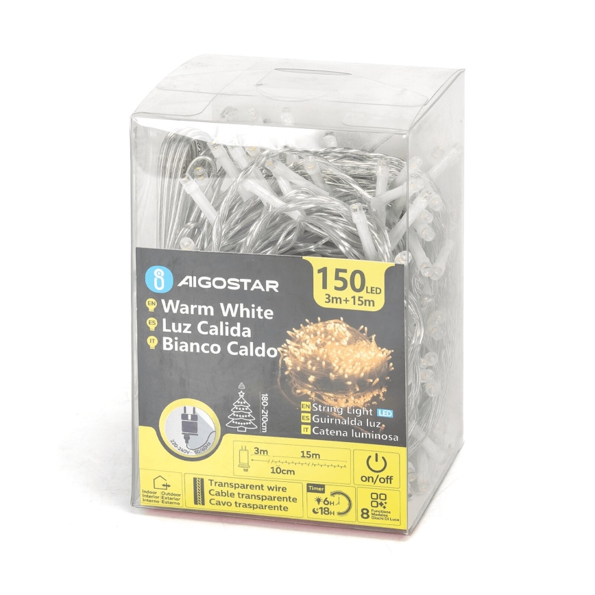Aigostar - LED udendørs julelyskæde 150xLED/8 funktioner 18m IP44 varm hvid